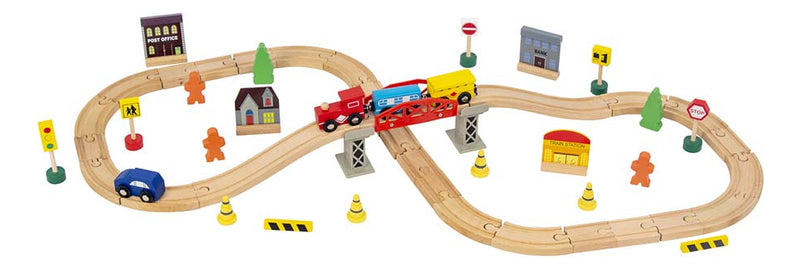 Pista De Tren Con Vagones Y Accesorios De Madera Fl599
