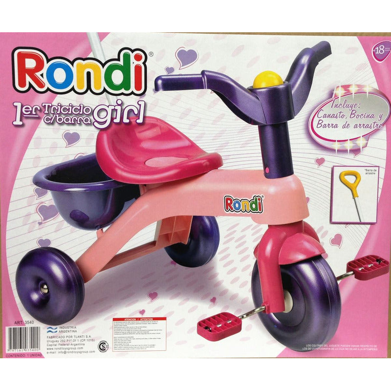 Primer Triciclo Rondi Rosa C/barra De Paseo Y Canasto