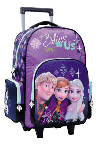Mochila Frozen Relieve Con Carro 18 Pulgadas Wabro 57817 Color Violeta 57817 Diseño De La Tela Estampada
